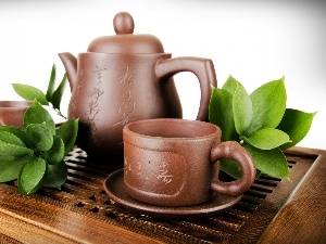 Leaf, green ones, pottery, tea, service