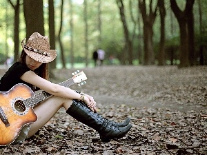 Leaf, Guitar, Women, Park