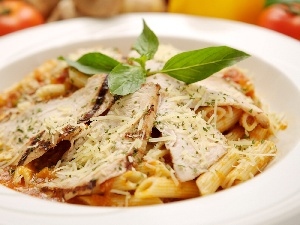 leaves, macaroni, grilled, mint, chicken