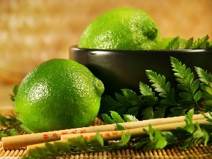 leaves, bowl, green ones, limes