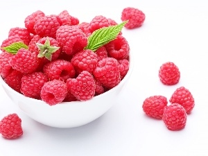 raspberry, leaves, bowl