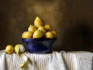 bowl, lemons, Blue