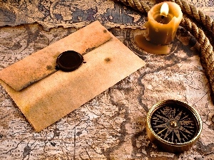 letter, compass, cord, Old, candle, Map