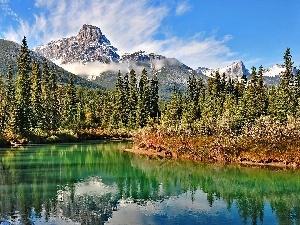 Fog, flash, ligh, sun, Przebijaj?ce, lake, mount, Alps, Matterhorn, luminosity, forest