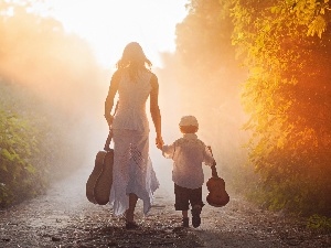 Fog, flash, ligh, sun, Przebijaj?ce, Way, boy, Women, Guitars, luminosity, forest