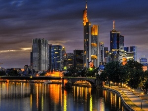 light, Night, skyscrapers, clouds