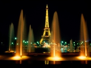 Paris, Night, light, Eiffla Tower, France, fountain