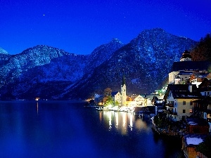 light, Mountains, Night, Austria, winter, Hallstatt