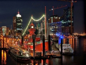 maritime, skyscrapers, clouds, Hamburg, fragment, port, Boats, night, Lighthouse