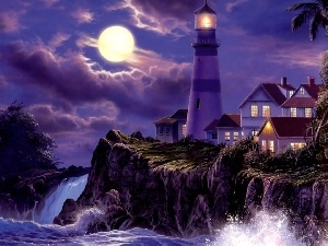 Lighthouse, water, clouds, moon