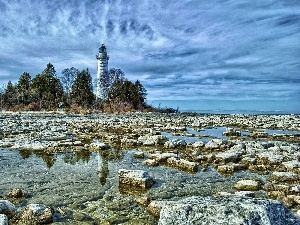 Lighthouse, Sky, Stones, maritime, Clouds