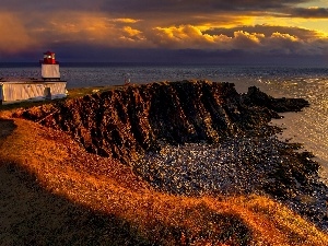 Lighthouse, rays, sun, sea, maritime, cliff