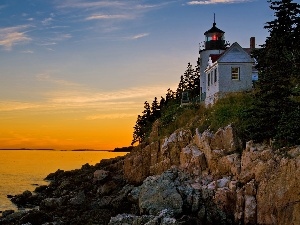 Lighthouse, sea, Yacht, maritime, rocks