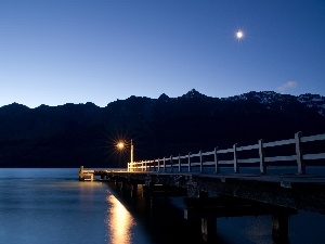 Lighthouse, Platform, lake, moon, Mountains