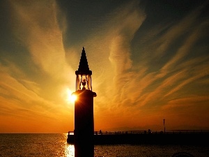 Lighthouse, sea, west, sun