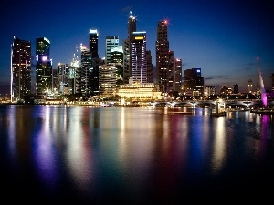 lighting, Night, skyscrapers, clouds