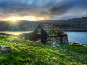 Loneley, Mountains, house, iceland, River