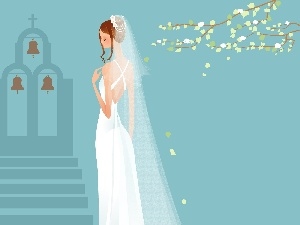 long, White, Dress, lady, veil, young