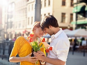 blur, tulips, bouquet, Women, apartment house, a man, love