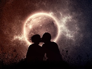 lovers, Steam, Night, kiss, moon