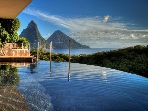 Saint Lucia, Mountains, sea, house, Caribbean, Pool