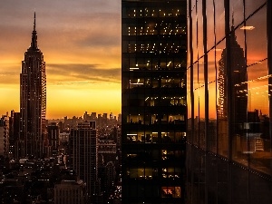 sun, Manhattan, clouds, New, west, Jork, skyscrapers