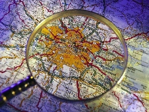 Map, magnifying glass, London