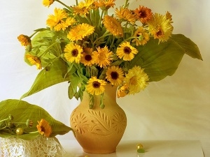 Marigolds, Yellow, earthen, Vase