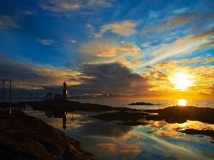 maritime, Lighthouse, west, reflection, sun