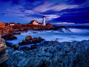 maritime, Lighthouse, rocks, sea