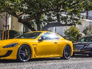 trees, maserati, Gran Turismo, Yellow, house, Automobile