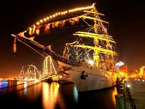 Masts, water, Floodlit, sailing vessel