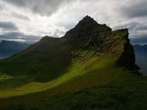 clouds, Meadow, Mountains