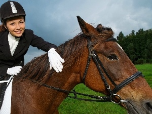 Meadow, Horse, girl, forest, Jockey