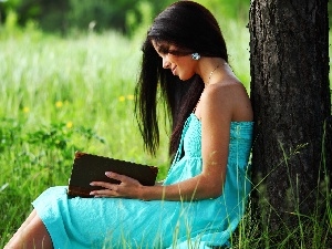 Meadow, trees, girl, Book