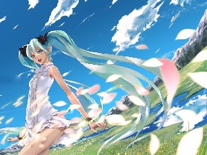 Meadow, clouds, Hatsune Miku