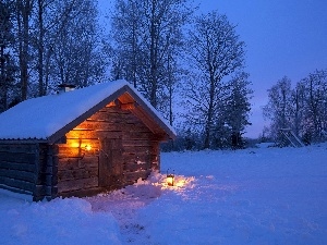 lantern, Floodlit, Home, forest, winter, car in the meadow