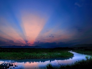 Meadow, sun, River, west