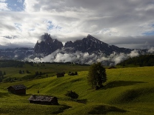 medows, green ones, Mountains, Houses, clouds