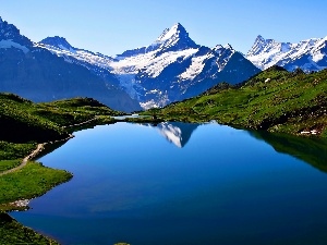 medows, Mountains, lake, Way, Bechalpsee