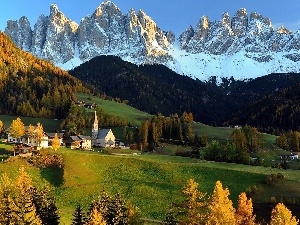 Church, medows, west, Houses, autumn, Alps, sun, woods
