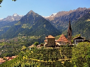 Merano, buildings, Mountains, Italy, Church