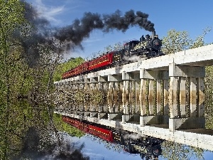 Mirror, reflection, locomotive, bridge