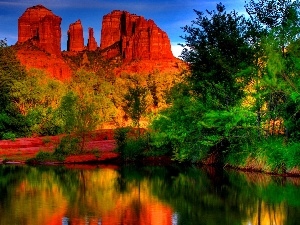 Mirror, reflection, rocks, lake