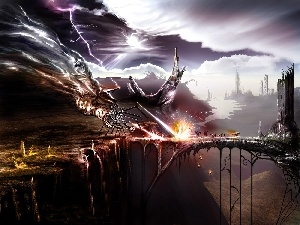 monster, escape, Sky, fantasy, bridge