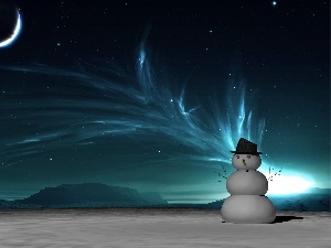 moon, winter, Snowman, aurora polaris