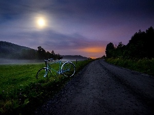 Moon, Fog, Bike, Way