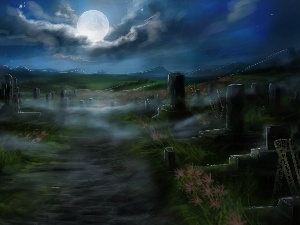 moon, Night, cemetery, graves