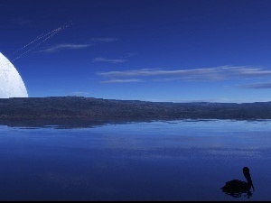 declining, moon, lake