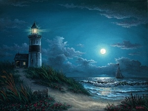 moon, Night, Lighthouses, sea